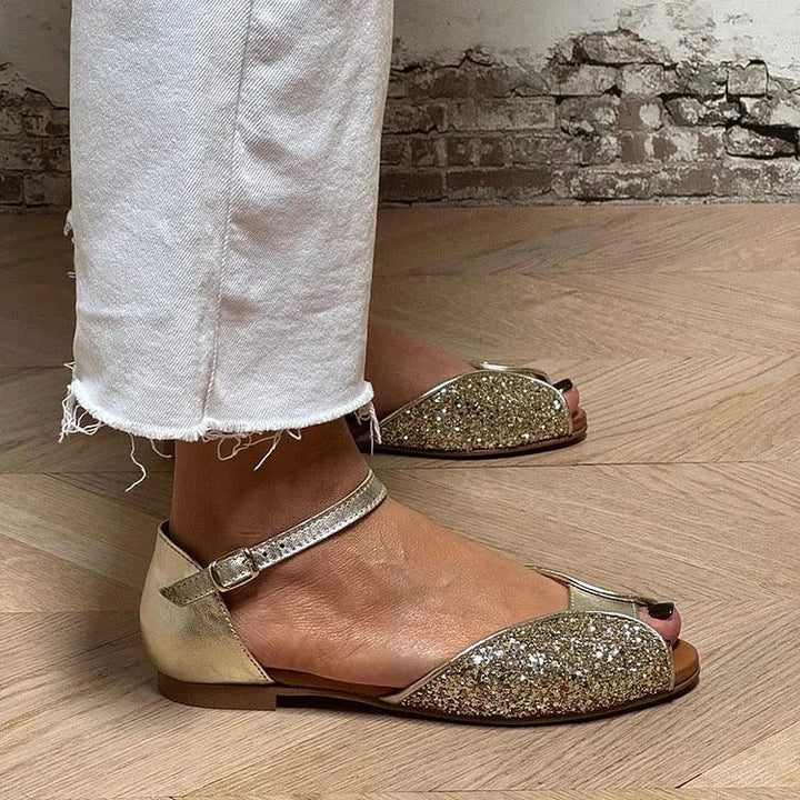 Sandali peep toe glitter patchwork Oro con cinturino alla caviglia e fibbia