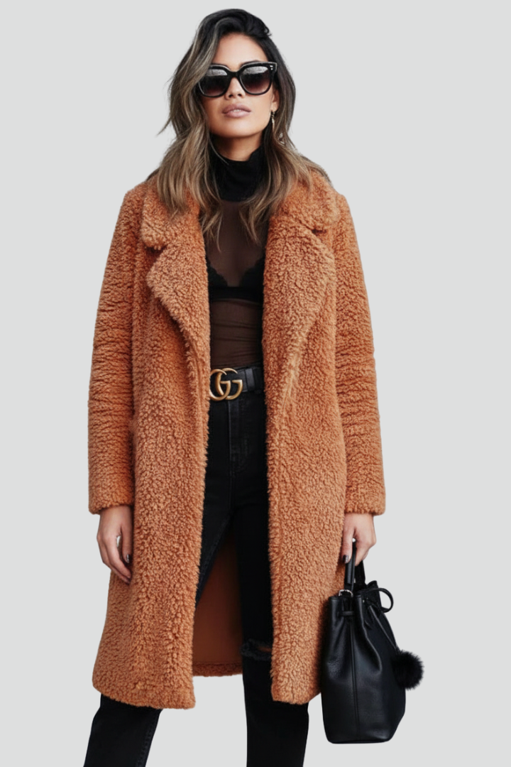 Cappotto lungo da donna con colletto a revers e superficie testurizzata