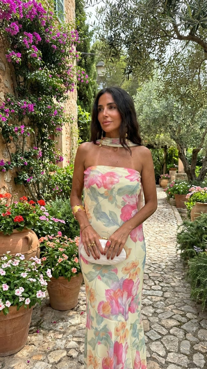 Abito Lungo Strapless Floreale Acquerello