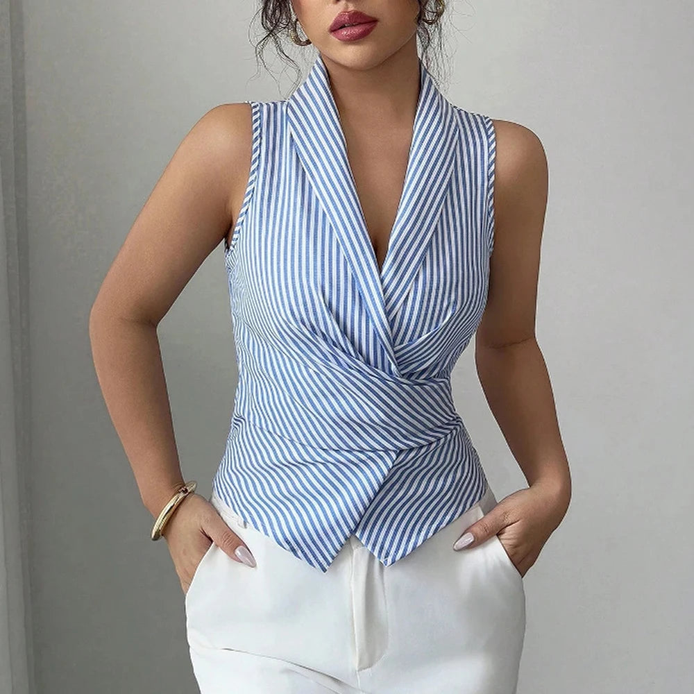 Camicia Senza Maniche a Strisce con Collo Revers
