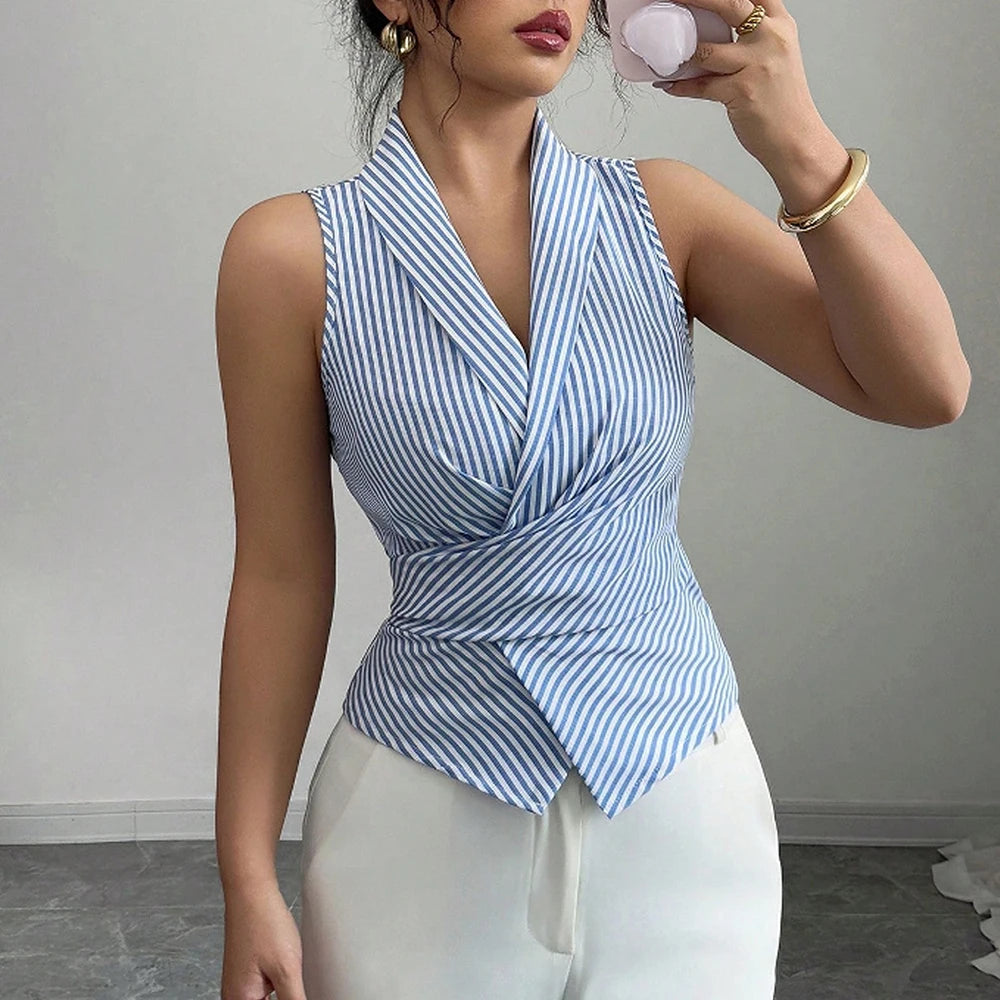 Camicia Senza Maniche a Strisce con Collo Revers