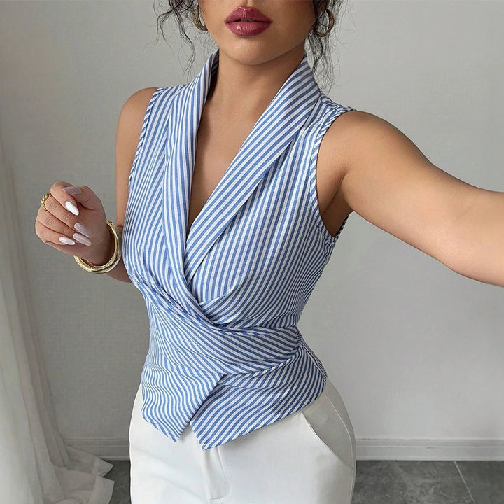 Camicia Senza Maniche a Strisce con Collo Revers