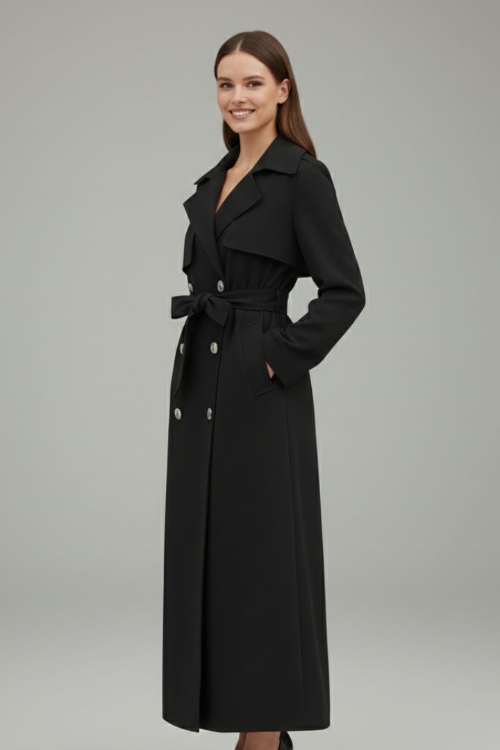 Cappotto lungo da donna con cintura e bottoni