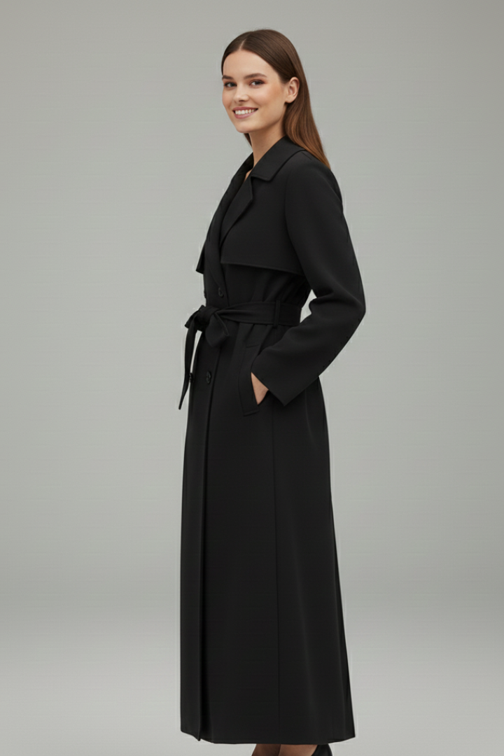 Cappotto lungo da donna con cintura e bottoni