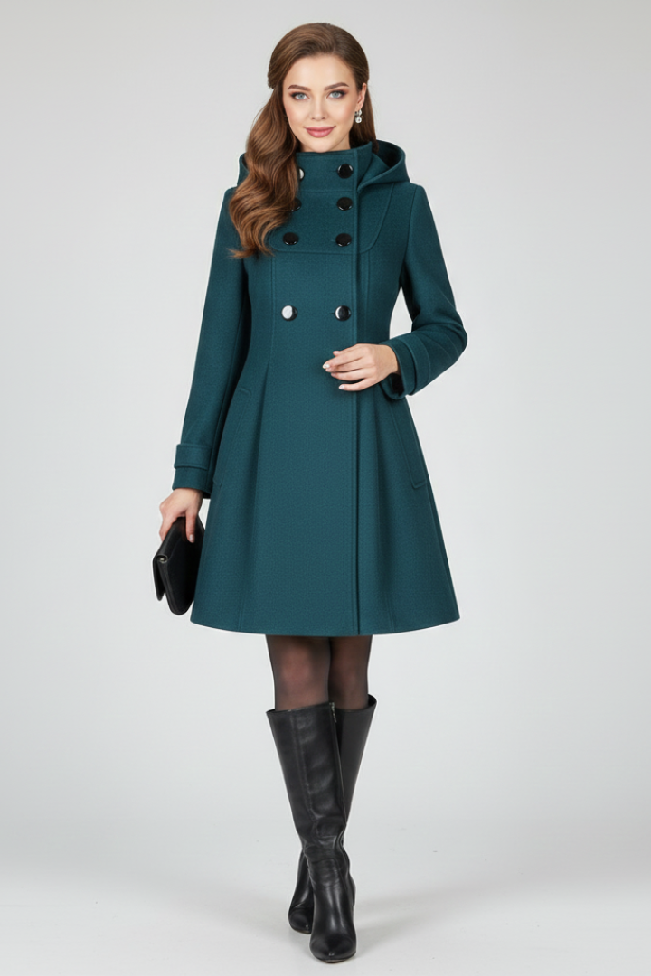 Cappotto da Donna con Cappuccio e Chiusura a Doppio Bottone