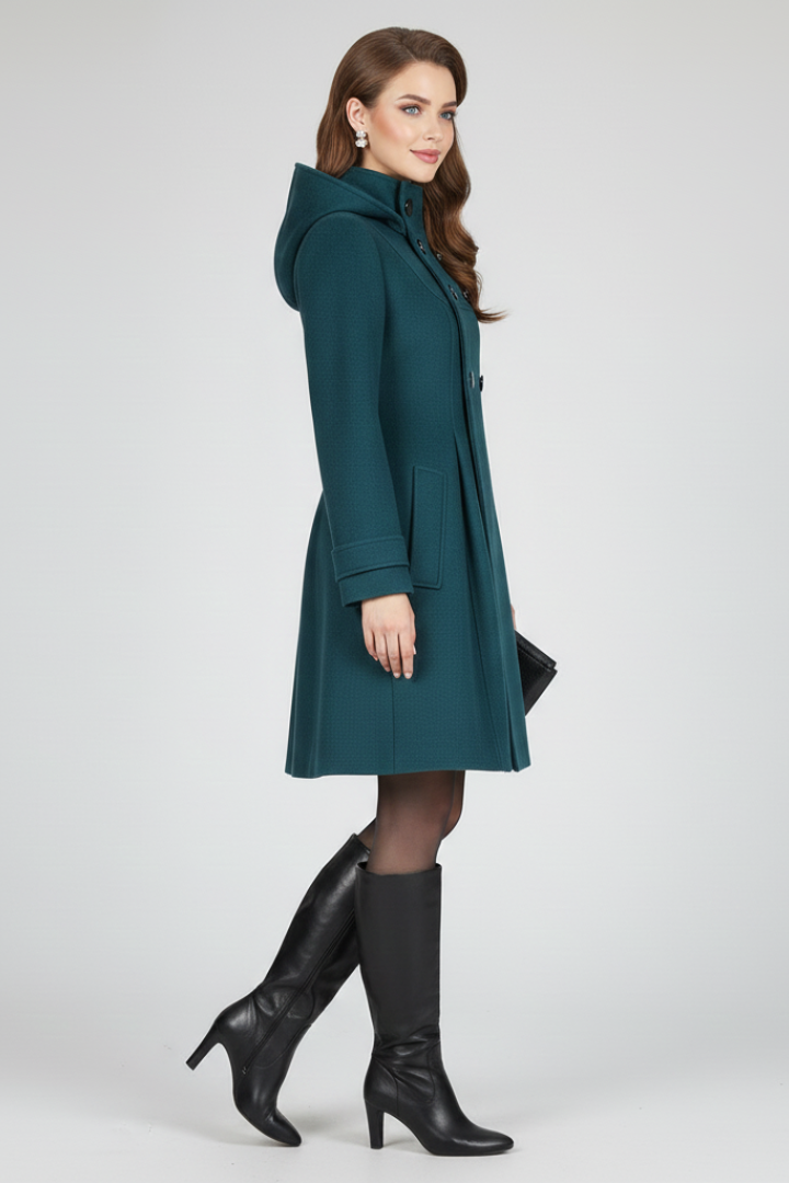 Cappotto da Donna con Cappuccio e Chiusura a Doppio Bottone