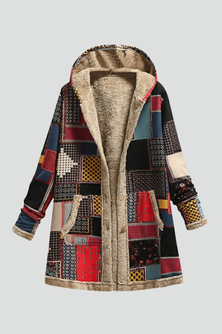 Cappotto da Donna con Cappuccio, Zip e Superficie Patchwork