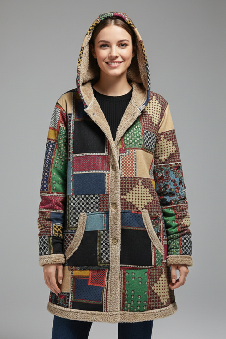 Cappotto da Donna con Cappuccio, Zip e Superficie Patchwork