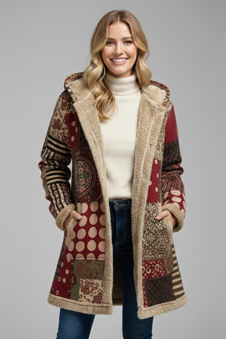 Cappotto da Donna con Cappuccio, Zip e Superficie Patchwork
