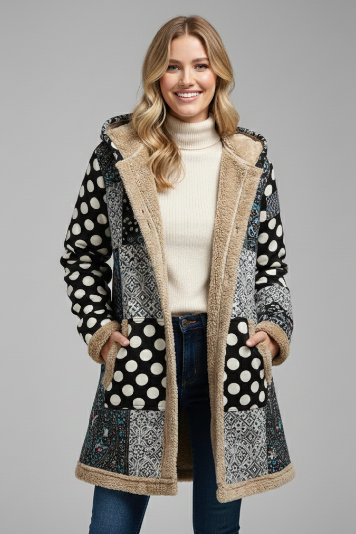 Cappotto da Donna con Cappuccio, Zip e Superficie Patchwork