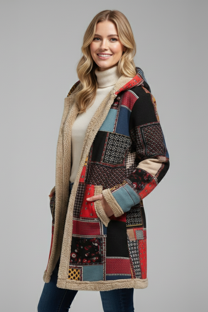 Cappotto da Donna con Cappuccio, Zip e Superficie Patchwork