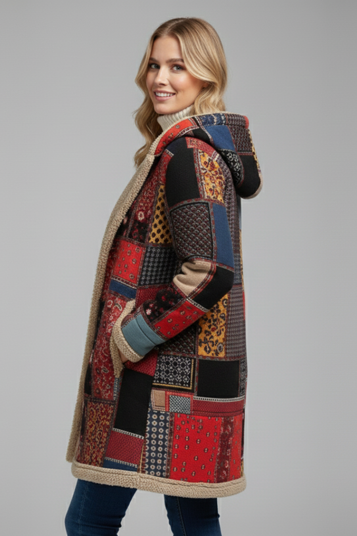 Cappotto da Donna con Cappuccio, Zip e Superficie Patchwork