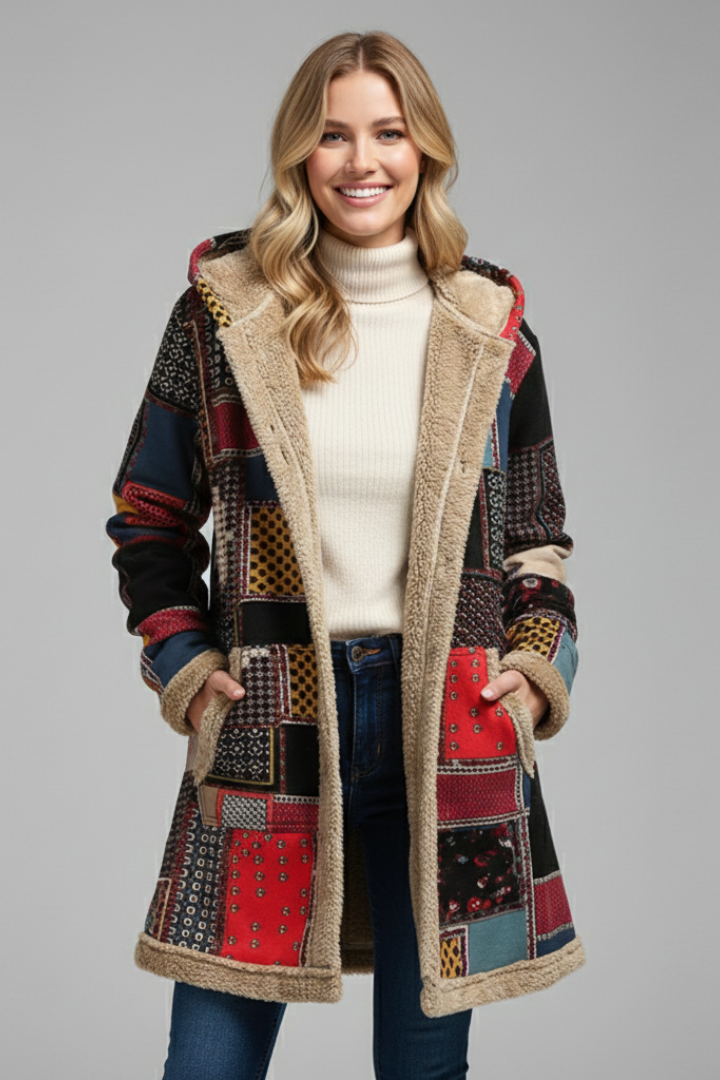 Cappotto da Donna con Cappuccio, Zip e Superficie Patchwork