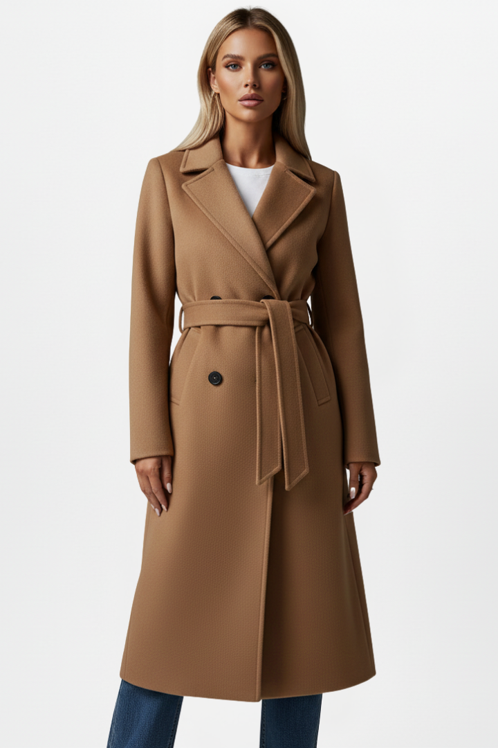 Cappotto Lungo da Donna con Cintura e Chiusura Doppiopetto