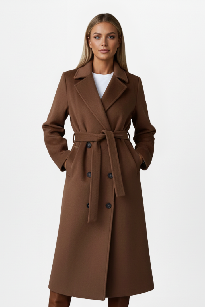 Cappotto Lungo da Donna con Cintura e Chiusura Doppiopetto