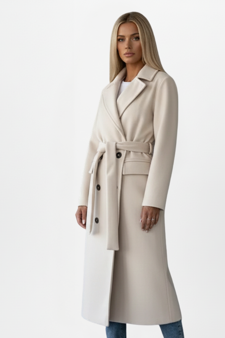 Cappotto Lungo da Donna con Cintura e Chiusura Doppiopetto