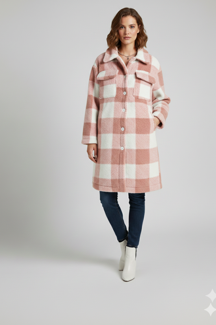 Cappotto lungo da donna con chiusura a bottoni e superficie in pile a quadri