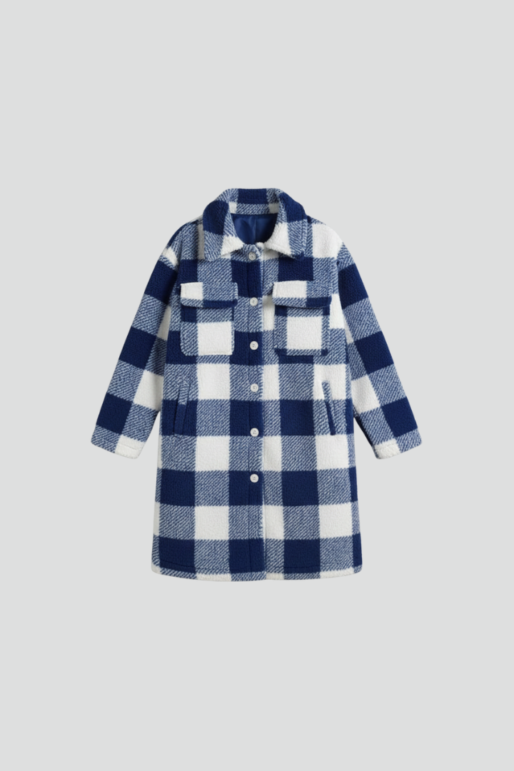 Cappotto lungo da donna con chiusura a bottoni e superficie in pile a quadri
