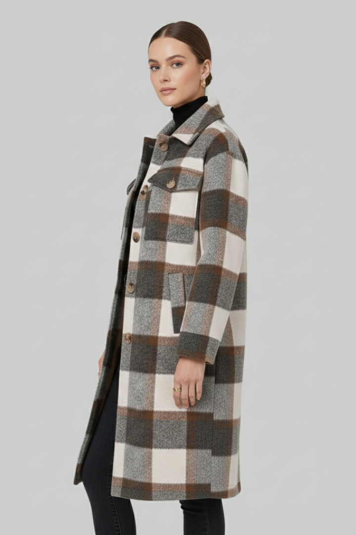 Cappotto Lungo da Donna con Chiusura a Bottoni e Superficie Tessuta a Quadri
