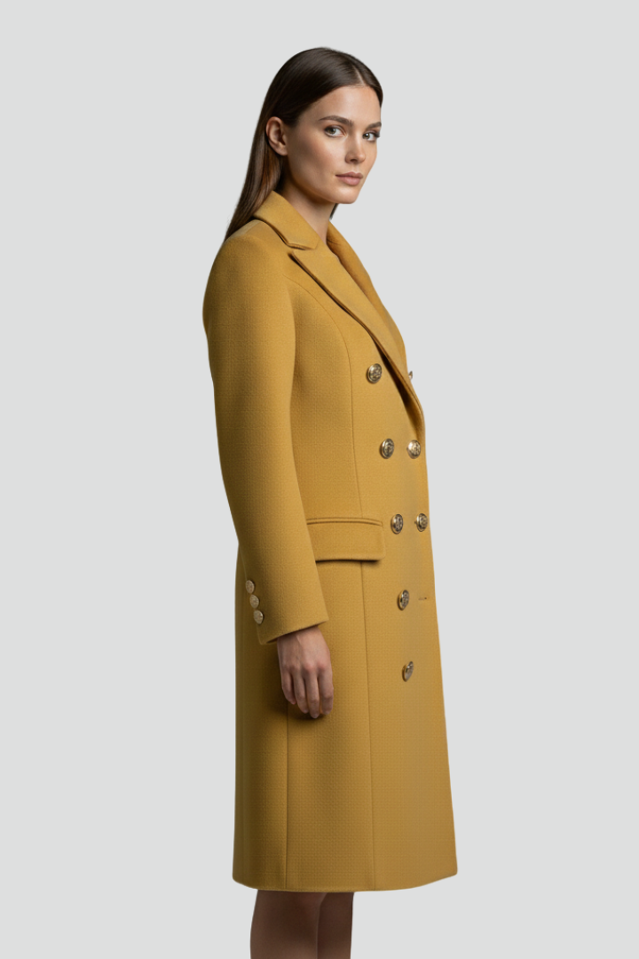 Cappotto lungo da donna con doppi bottoni e colletto a risvolto