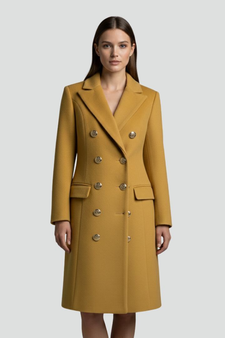 Cappotto lungo da donna con doppi bottoni e colletto a risvolto