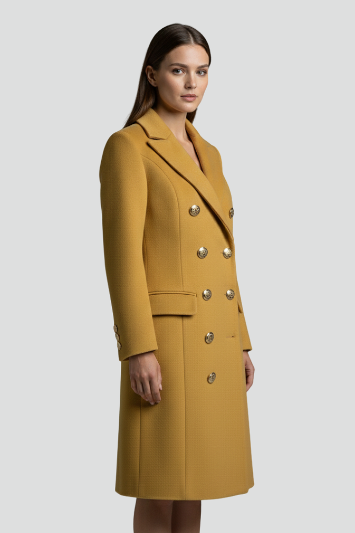 Cappotto lungo da donna con doppi bottoni e colletto a risvolto