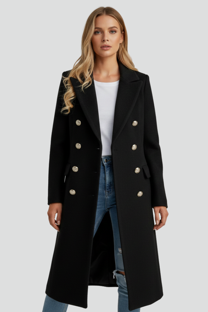 Cappotto lungo da donna con doppi bottoni e colletto a risvolto