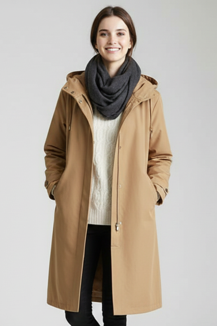 Cappotto Lungo da Donna con Cappuccio e Bottoni