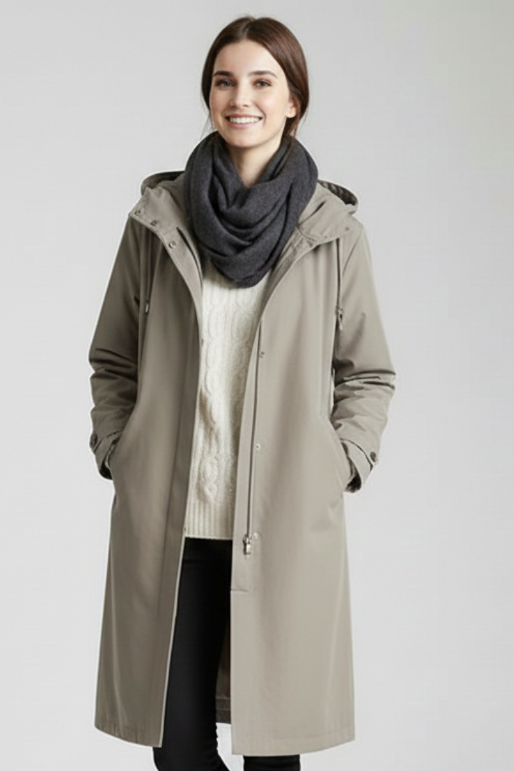 Cappotto Lungo da Donna con Cappuccio e Bottoni
