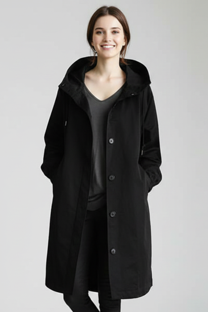 Cappotto Lungo da Donna con Cappuccio e Bottoni