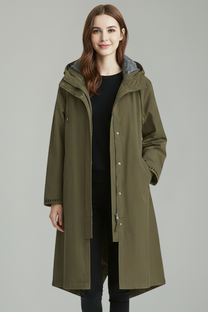 Cappotto Lungo da Donna con Cappuccio e Bottoni