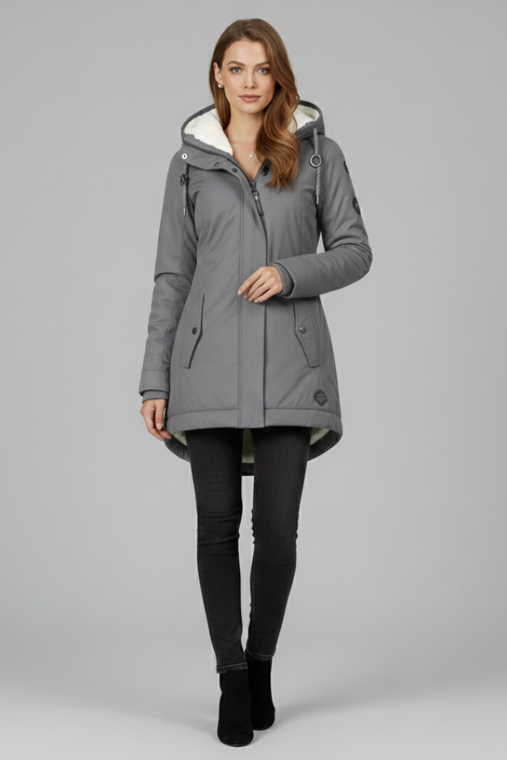 Cappotto Lungo da Donna con Cappuccio e Zip Frontale