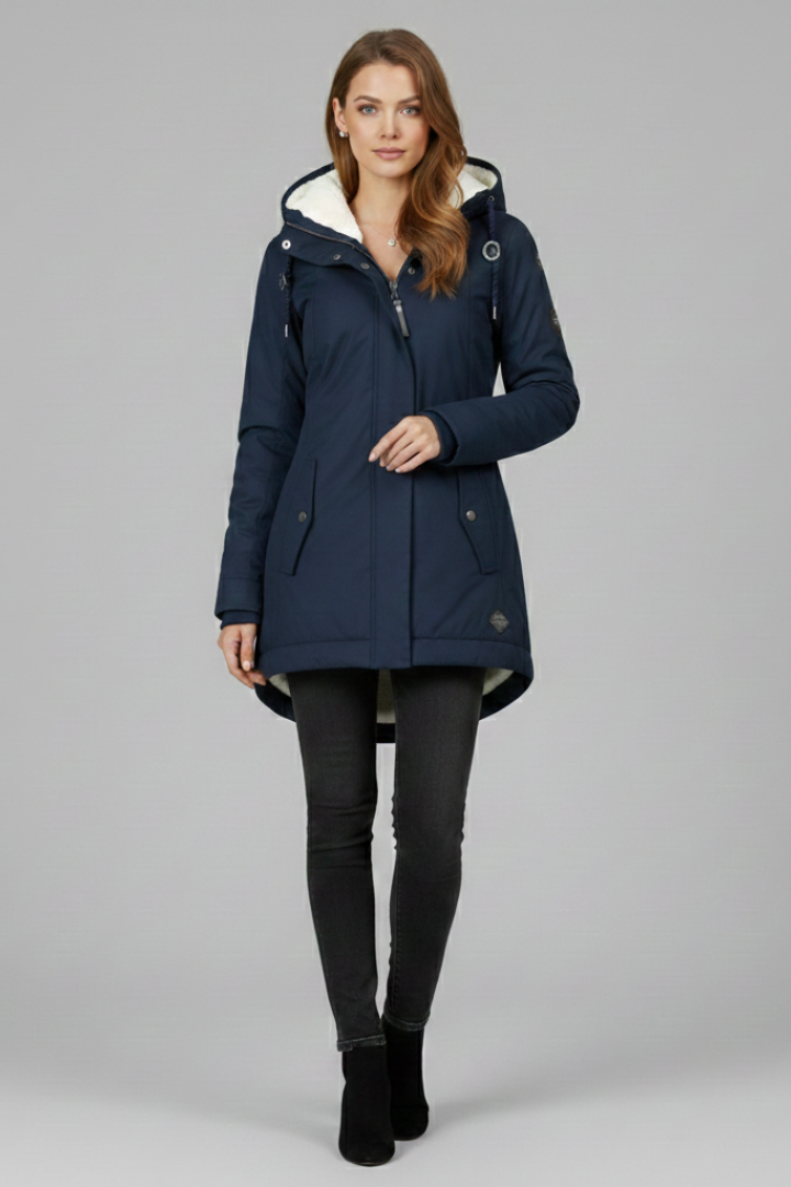 Cappotto Lungo da Donna con Cappuccio e Zip Frontale