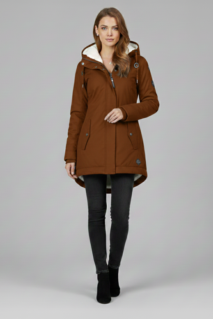 Cappotto Lungo da Donna con Cappuccio e Zip Frontale