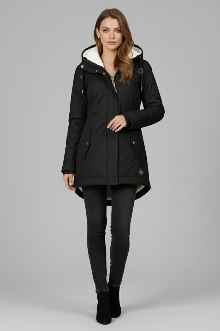 Cappotto Lungo da Donna con Cappuccio e Zip Frontale