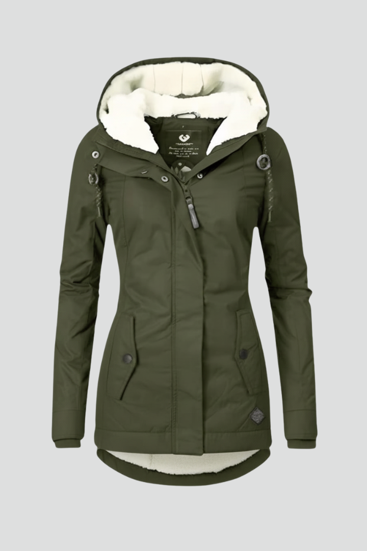 Cappotto Lungo da Donna con Cappuccio e Zip Frontale