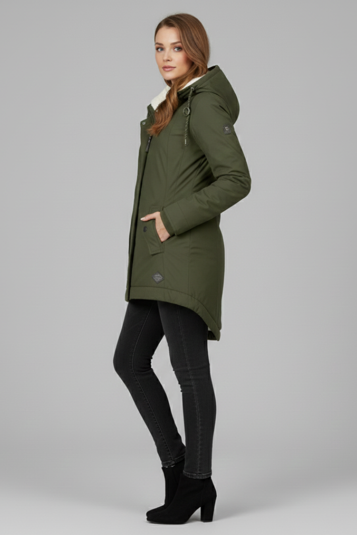 Cappotto Lungo da Donna con Cappuccio e Zip Frontale