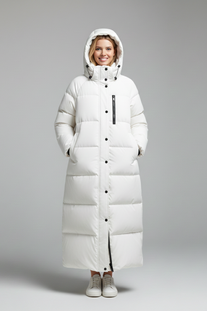 Cappotto lungo da donna con cappuccio e chiusura a zip