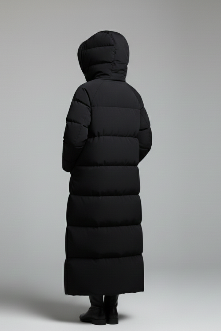 Cappotto lungo da donna con cappuccio e chiusura a zip