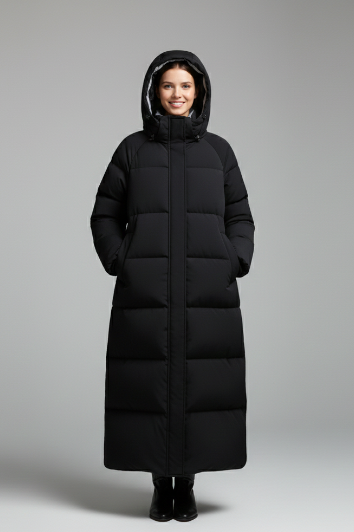 Cappotto lungo da donna con cappuccio e chiusura a zip
