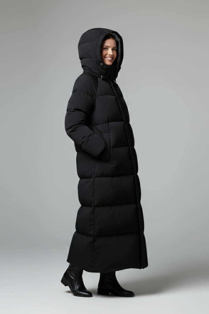 Cappotto lungo da donna con cappuccio e chiusura a zip
