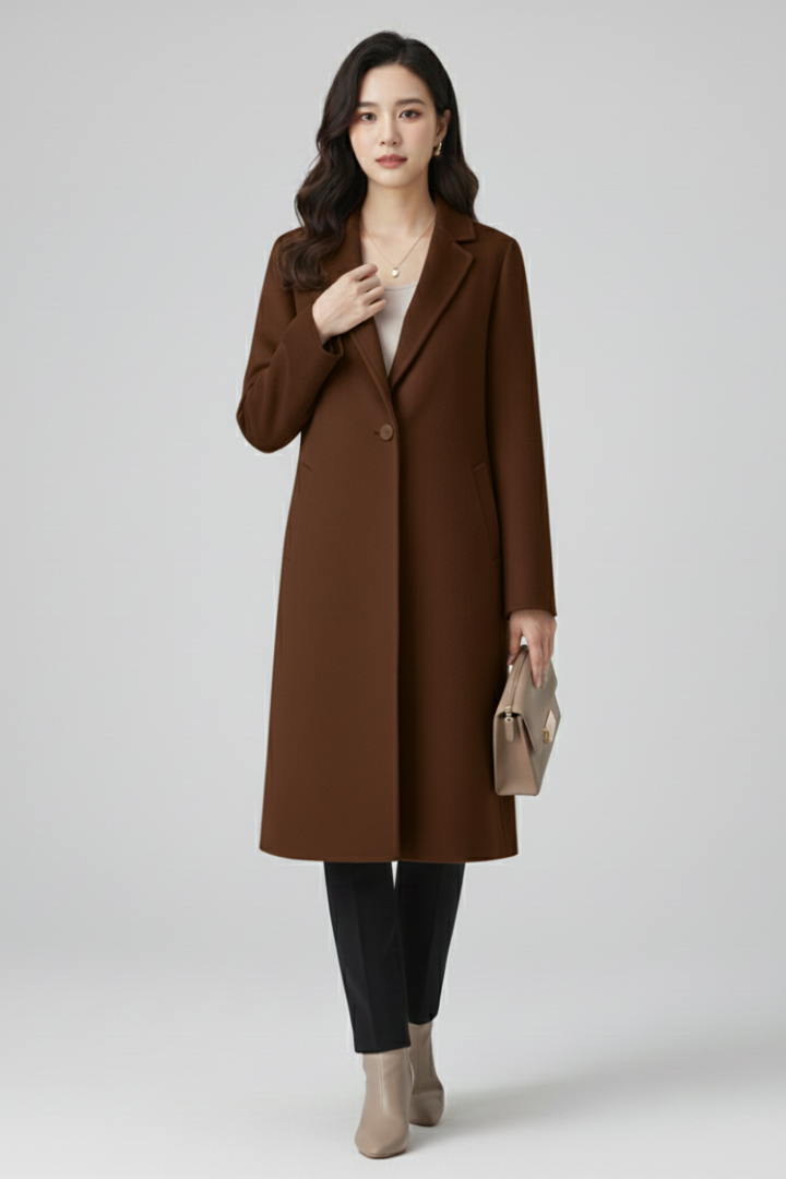 Cappotto Lungo da Donna con Collo a Revers e Chiusura a Bottone