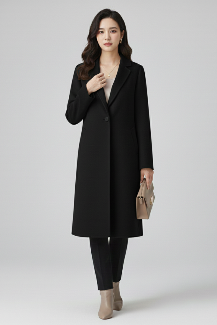 Cappotto Lungo da Donna con Collo a Revers e Chiusura a Bottone
