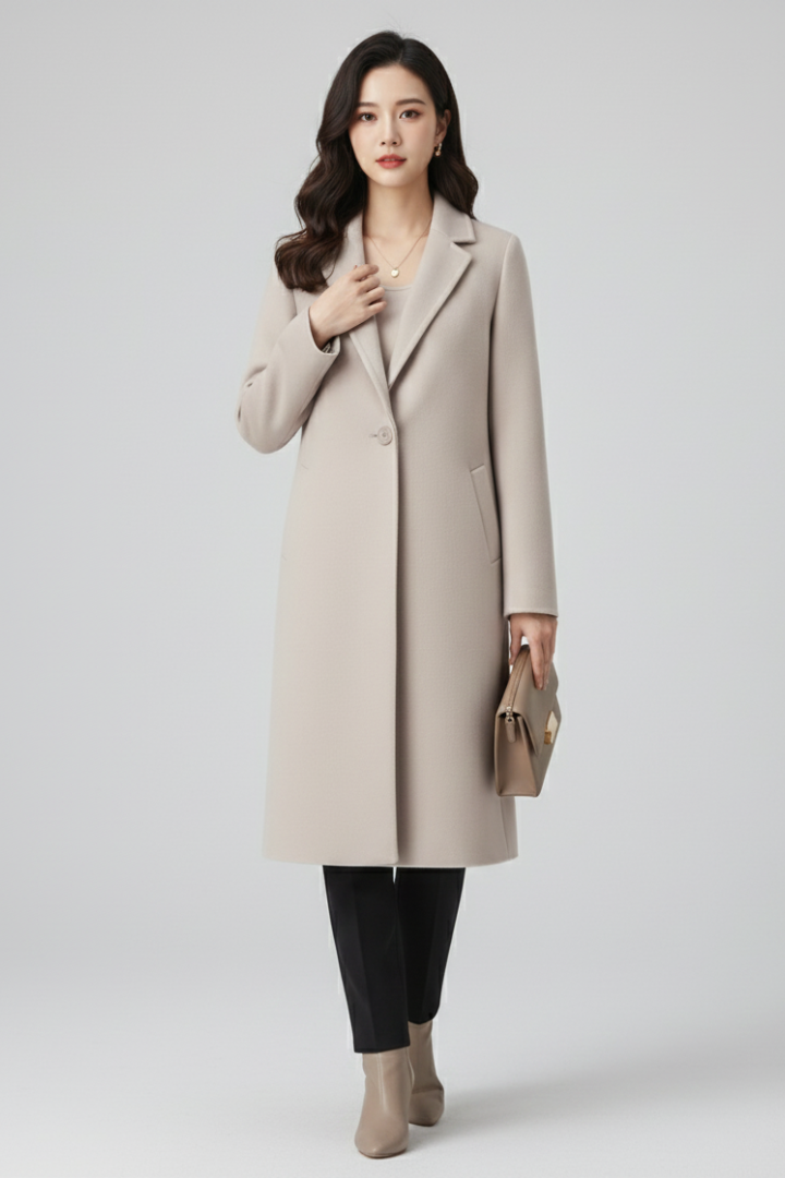 Cappotto Lungo da Donna con Collo a Revers e Chiusura a Bottone