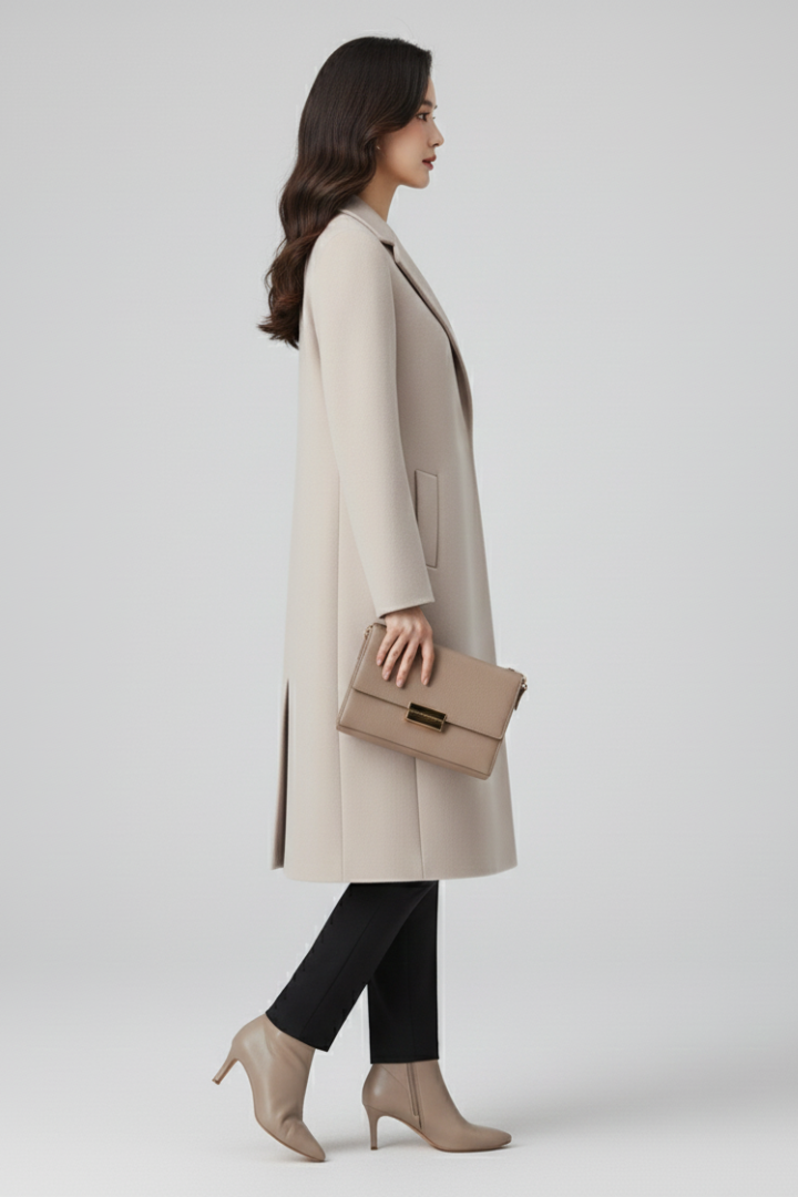 Cappotto Lungo da Donna con Collo a Revers e Chiusura a Bottone