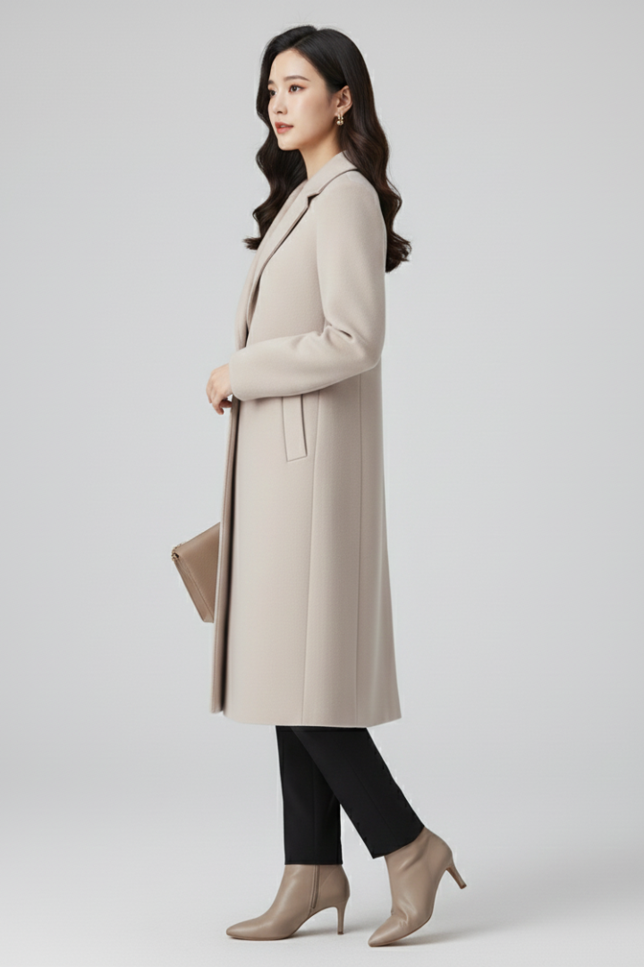 Cappotto Lungo da Donna con Collo a Revers e Chiusura a Bottone