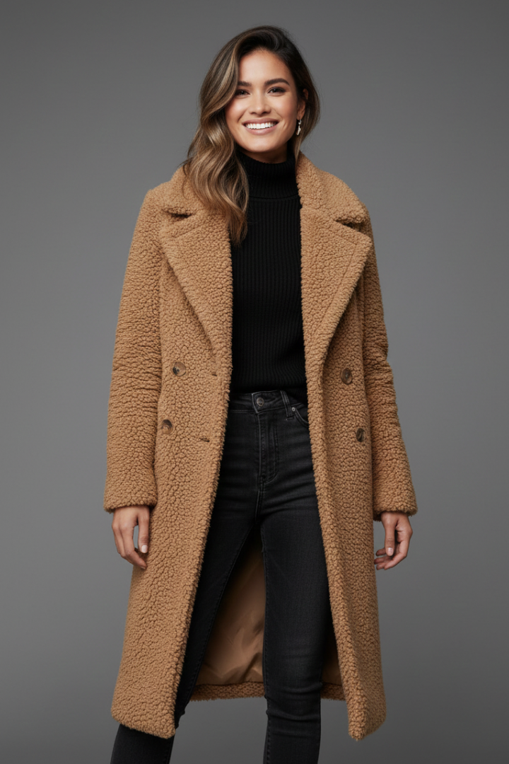 Cappotto Lungo da Donna con Collo a Revers e Superficie Testurizzata