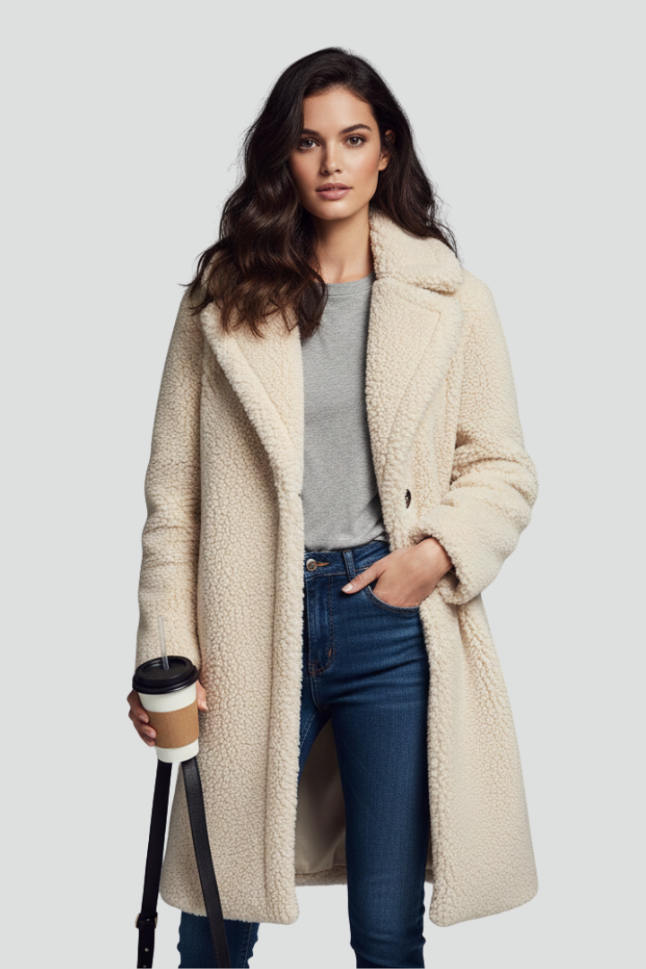 Cappotto lungo da donna con colletto a revers e superficie testurizzata