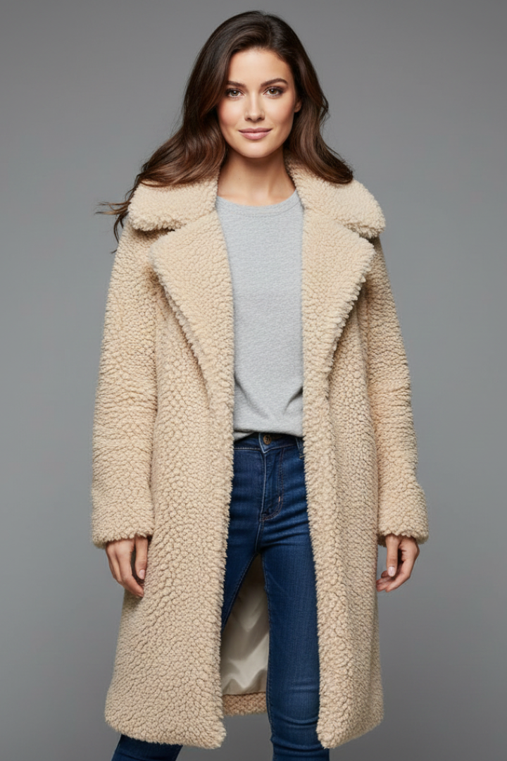 Cappotto Lungo da Donna con Collo a Revers e Superficie Testurizzata