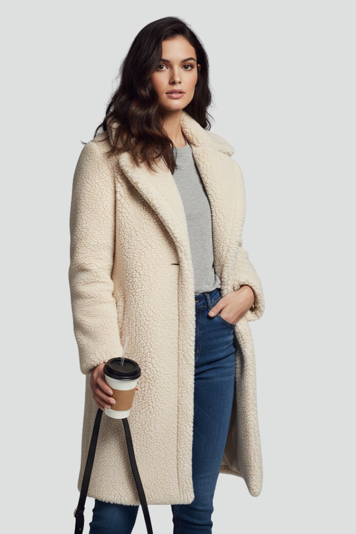 Cappotto lungo da donna con colletto a revers e superficie testurizzata